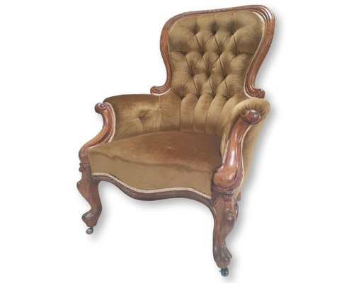 Antique Victorian Gentleman S Velvet Button Back Armchair For Sale