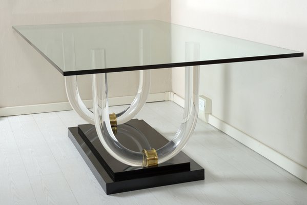Mid Century Italian Lucite Brass And Glass Dining Table 1970s For Sale At Pamono