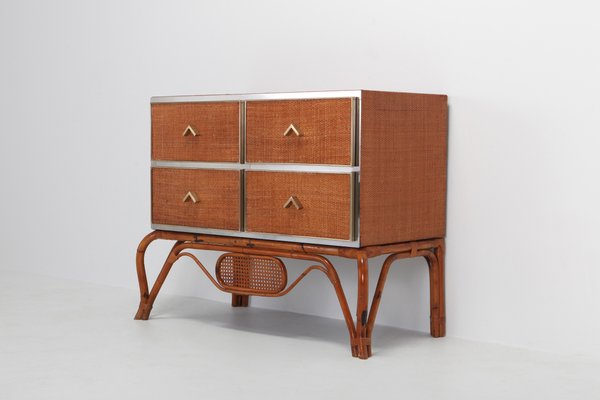 Rattan Bamboo Brass Chrome Commode From Vivai Del Sud 1970s