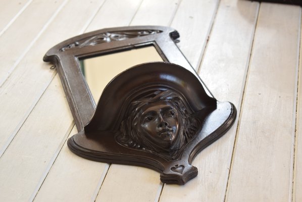 Antique Art Nouveau Mahogany Mirror With Carved Face Detail For