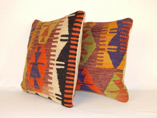 Handwoven Green Orange Kilim Pillow Covers From Vintage Pillow