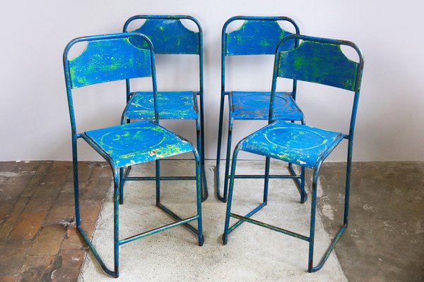 Mid Century Blue Metal Garden Chairs 1950s Set Of 4 For Sale At
