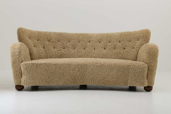 Mid Century Curved Sheepskin Oak Sofa 1940s For Sale At Pamono