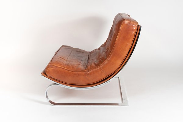 Brown Leather Chrome Cantilever Lounge Chairs 1960s Set Of 2