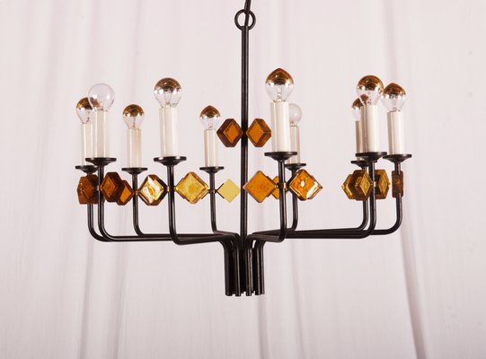 Vintage Scandinavian Glass Iron Chandelier by Svend Aage Holm