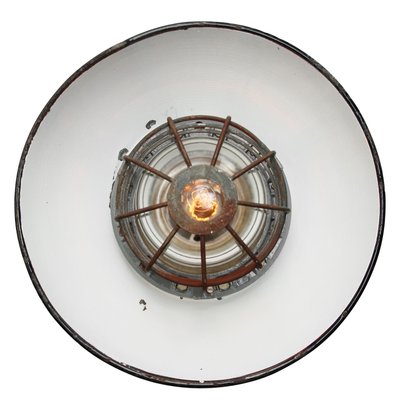 Industrial Cast Aluminum Black Enamel Glass Ceiling Lamp 1950s