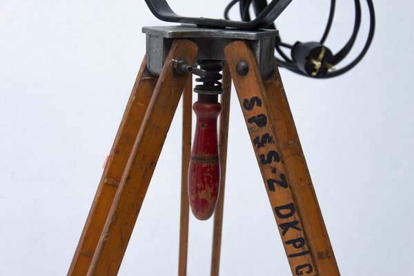 Black Enamel Industrial Spotlight Tripod Floor Lamps 1970s Set