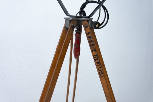 Black Enamel Industrial Spotlight Tripod Floor Lamps 1970s Set