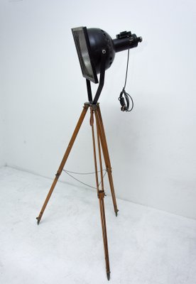Black Enamel Industrial Spotlight Tripod Floor Lamps 1970s Set