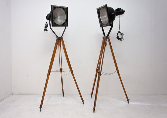 Black Enamel Industrial Spotlight Tripod Floor Lamps 1970s Set