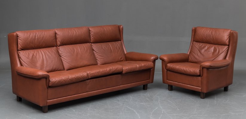 Vintage Danish Leather Sofa And Chair Set 1970s