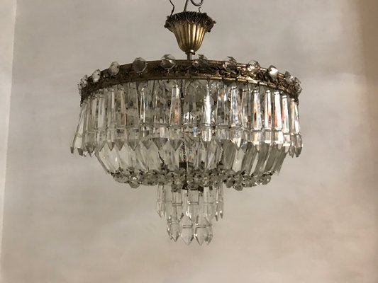 Art Deco Italian Bronze Lead Crystal Flush Mount 1930s