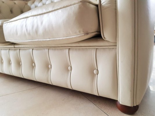 French White Leather Chesterfield Sofa, French Leather Sofa