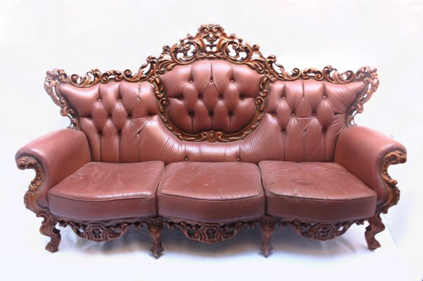 Baroque Style Leather Wood Sofa From Mariano García 1960s