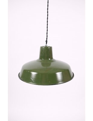 Small Industrial French Green Enamel Ceiling Lamp 1950s