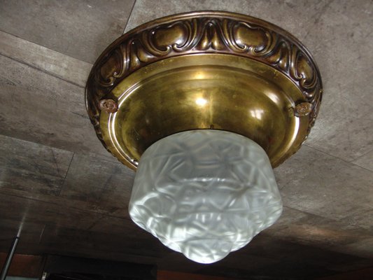 Antique German Glass And Brass Ceiling Lamp