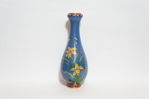 Chinese Blue Cloisonne Vase With Flower Painting 1950s For Sale