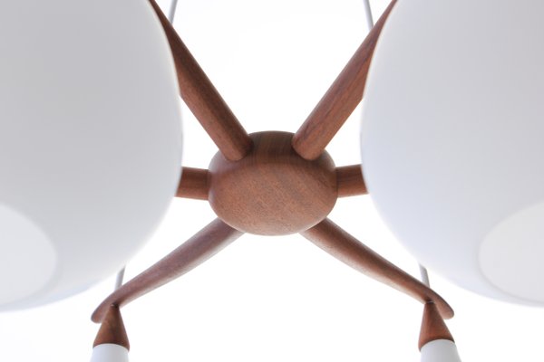 Scandinavian Modern Opaline Glass And Teak Spider Ceiling Lamp By Uno Osten Kristiansson For Luxus 1956