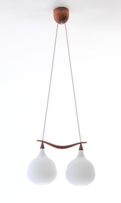 Scandinavian Modern Opaline Glass And Teak Curved Duo Ceiling Lamp By Uno Osten Kristiansson For Luxus 1956