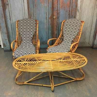 Vintage Italian Rattan Lounge Chairs Table 1960s Set of 3