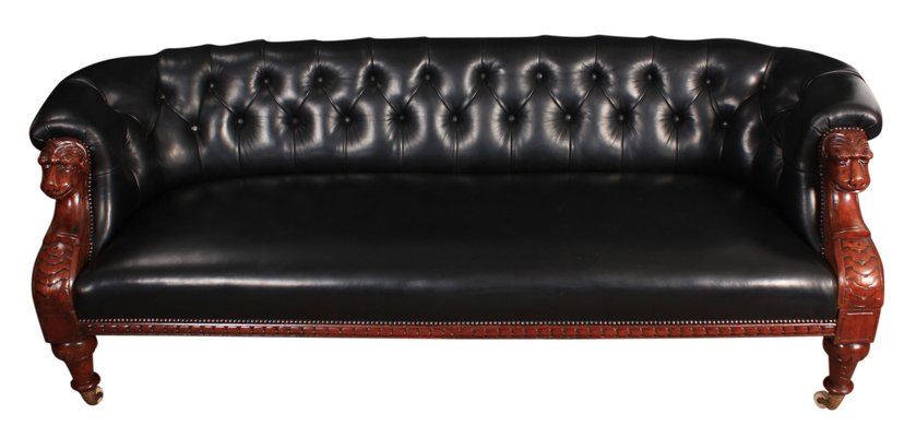 Victorian Black Leather Mahogany Chesterfield Sofa 1870s