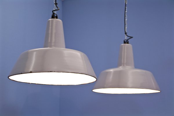 Grey Enamel And Metal Industrial Ceiling Lamps From Philips 1960s Set Of 2