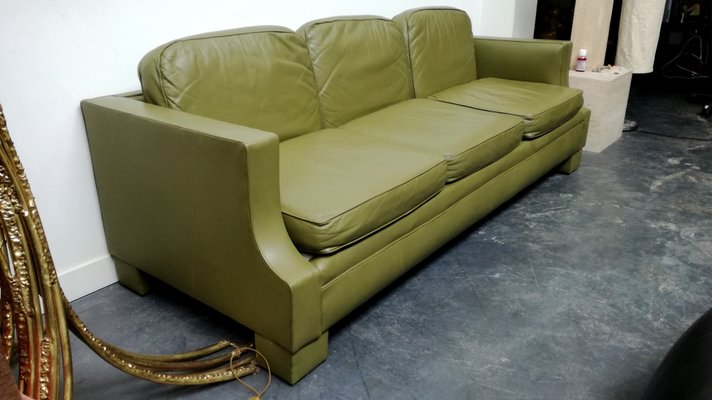 Vintage French Olive Green Leather Sofa, Bright Green Leather Sofa