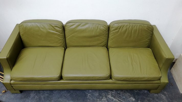 Vintage French Olive Green Leather Sofa, Green Leather Sofa And Loveseat