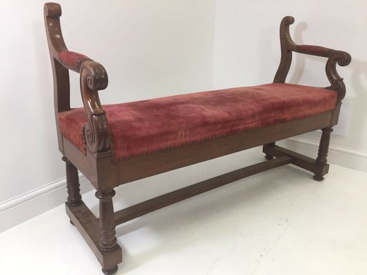 Antique Victorian Red Velvet Mahogany Bench With Carved Arms