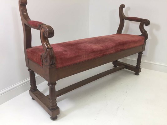 Antique Victorian Red Velvet Mahogany Bench With Carved Arms For