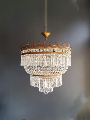 Low Plafonnier Crystal Chandelier 1940s
