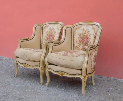 Louis Xv Style Lacquered Armchairs With Golden Highlights 1930s Set Of 2