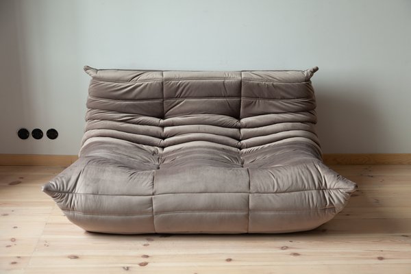 Elephant Grey Velvet Togo 2 Seat Sofa by Michel Ducaroy for Ligne Roset