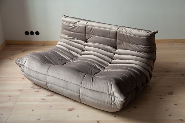 Elephant Grey Velvet Togo 2 Seat Sofa by Michel Ducaroy for Ligne