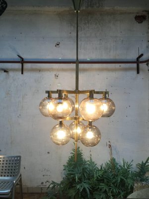 Scandinavian Modern Brass and Glass Globes Chandelier by Hans Agne Jakobsson, 1960s Scandinavian Modern Brass and Glass Globes Chandelier by Hans Agne Jakobsson, 1960s