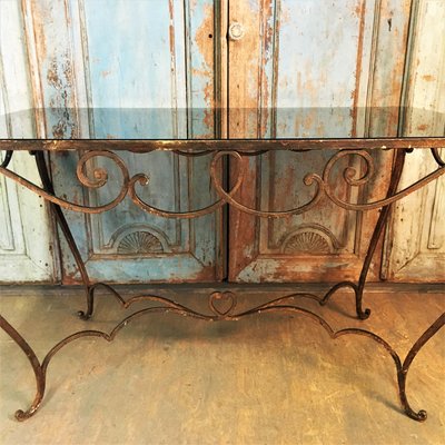 Vintage Art Deco French Colored Glass And Wrought Iron Dining Table For Sale At Pamono