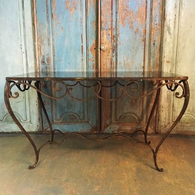 Vintage Art Deco French Colored Glass And Wrought Iron Dining Table For Sale At Pamono