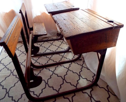 Vintage Industrial Oak School Desk With Folding Bench From