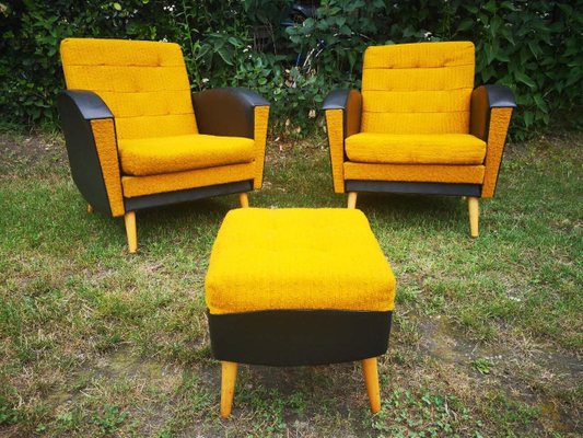 Modernist Eco Leather Set With Lounge Chairs Ottoman 1960s For