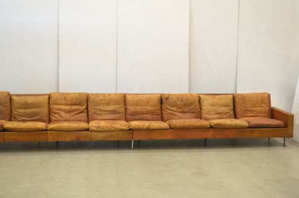 Mid Century German Cognac Leather 8 Seater Sofa 1960s