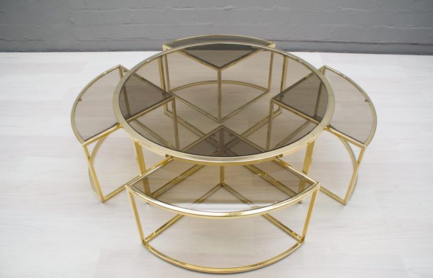 Smoked Glass Nesting Coffee Table, Art Deco Brass And Glass Coffee Table