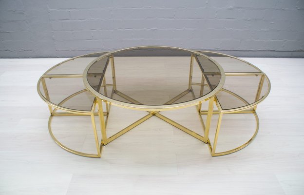 Hollywood Regency Brass Smoked Glass, Gold Coffee Table Set Canada