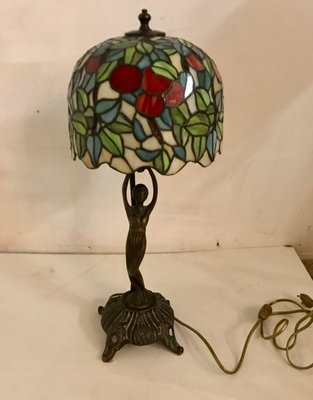 Mid Century Italian Bronze Resin Tiffany Table Lamp 1950s For