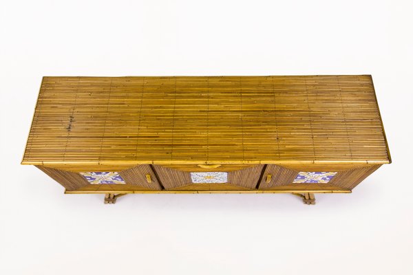 Mid Century French Bamboo Sideboard With Ceramic Tiles By Salvador