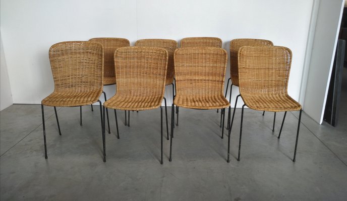 Scandinavian Modern Metal And Rattan Dining Chairs 1960s Set Of 8 Scandinavian Modern Metal And Rattan Dining Chairs 1960s Set Of 8