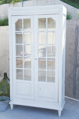Antique White Glass Fronted Double Door Display Cabinet For Sale
