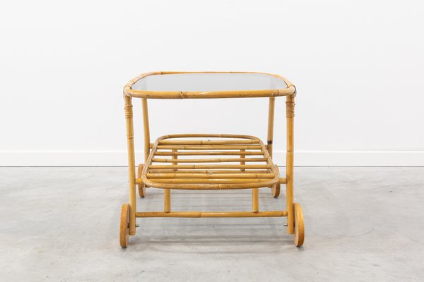 Vintage Garten Servierwagen Mit Glasplatte Gestell Aus Bambus