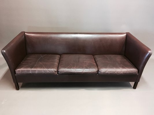 Scandinavian Brown Leather 3 Seater Sofa 1950s