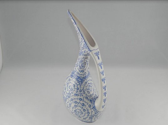 Turkish Hand Painted White And Blue Decorative Ceramic Vase 1970s