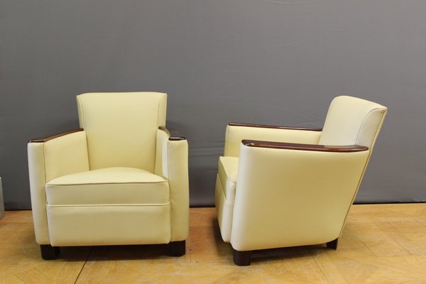 Vintage Art Deco Leather And Walnut Armchairs 1980s Set Of 2